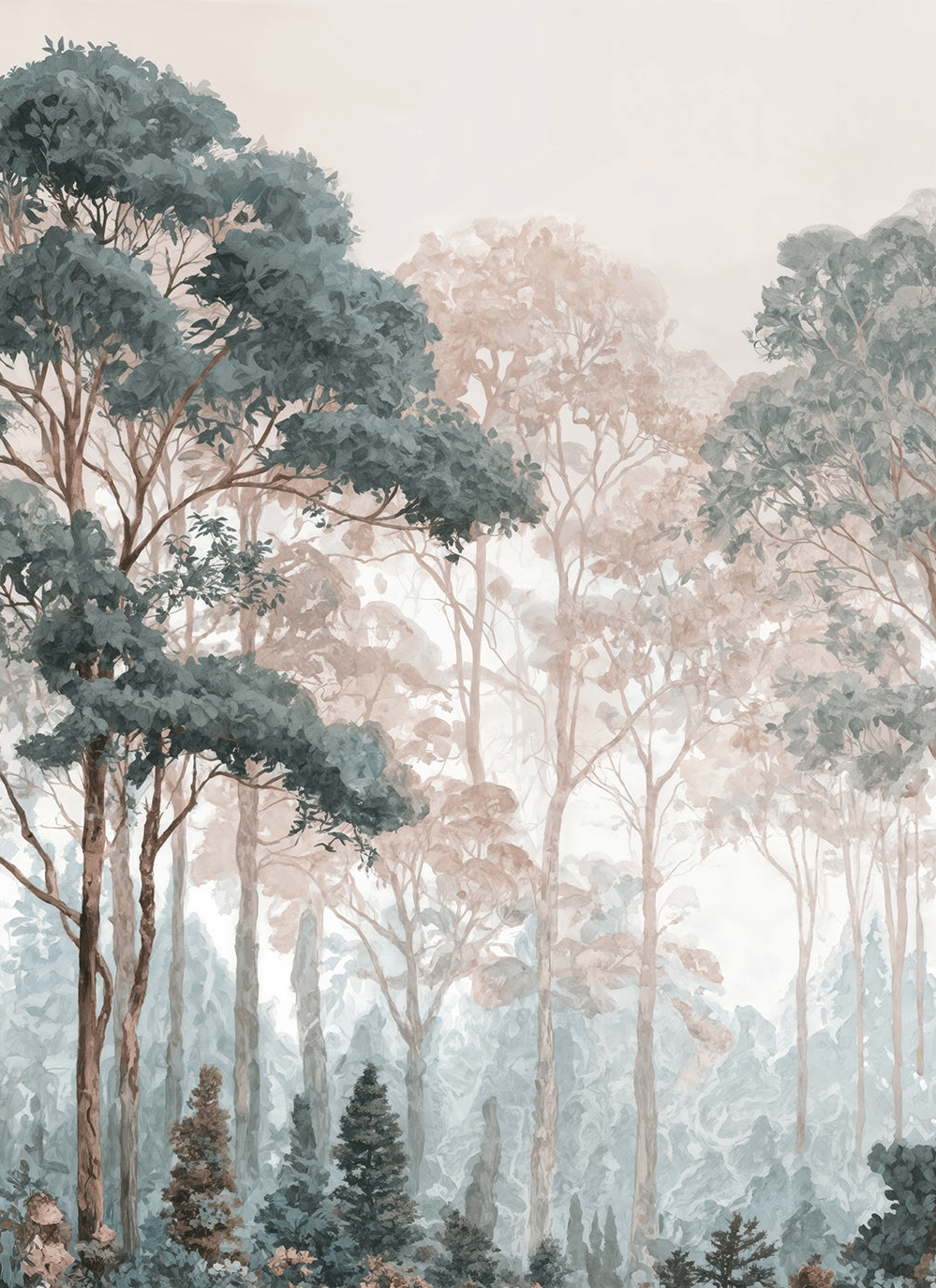 Brume pastel au lever du jour – Papier peint panoramique forêt - Illulart: Papier peint panoramique