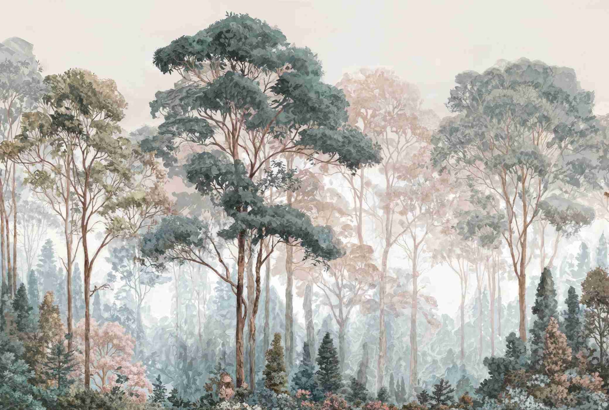 Brume pastel au lever du jour – Papier peint panoramique forêt - Illulart: Papier peint panoramique