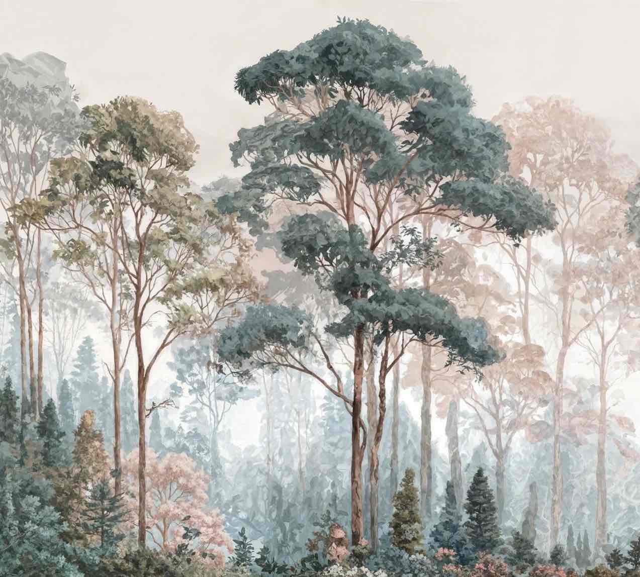 Brume pastel au lever du jour – Papier peint panoramique forêt - Illulart: Papier peint panoramique