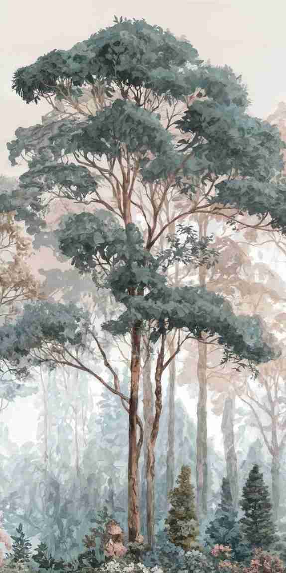 Brume pastel au lever du jour – Papier peint panoramique forêt