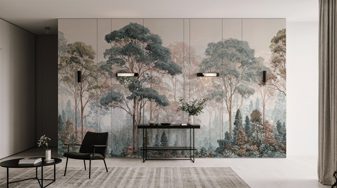 Brume pastel au lever du jour – Papier peint panoramique forêt - Illulart: Papier peint panoramique