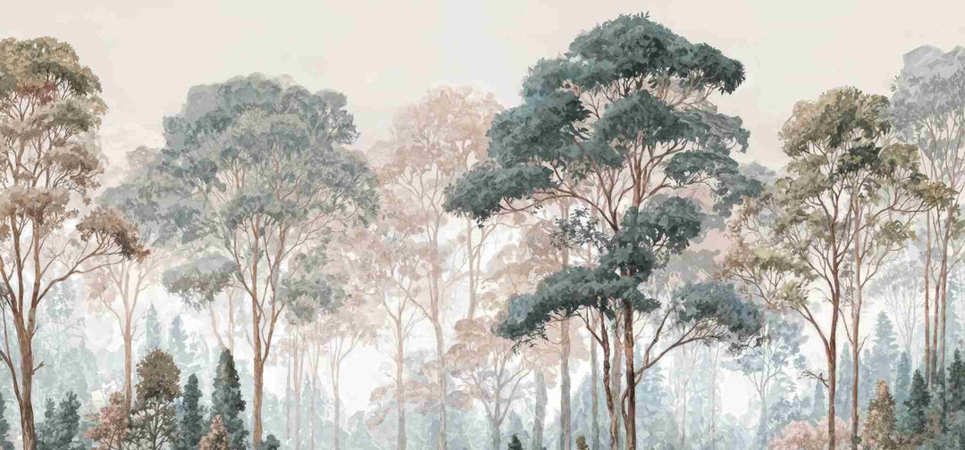 Brume pastel au lever du jour – Papier peint panoramique forêt - Illulart: Papier peint panoramique