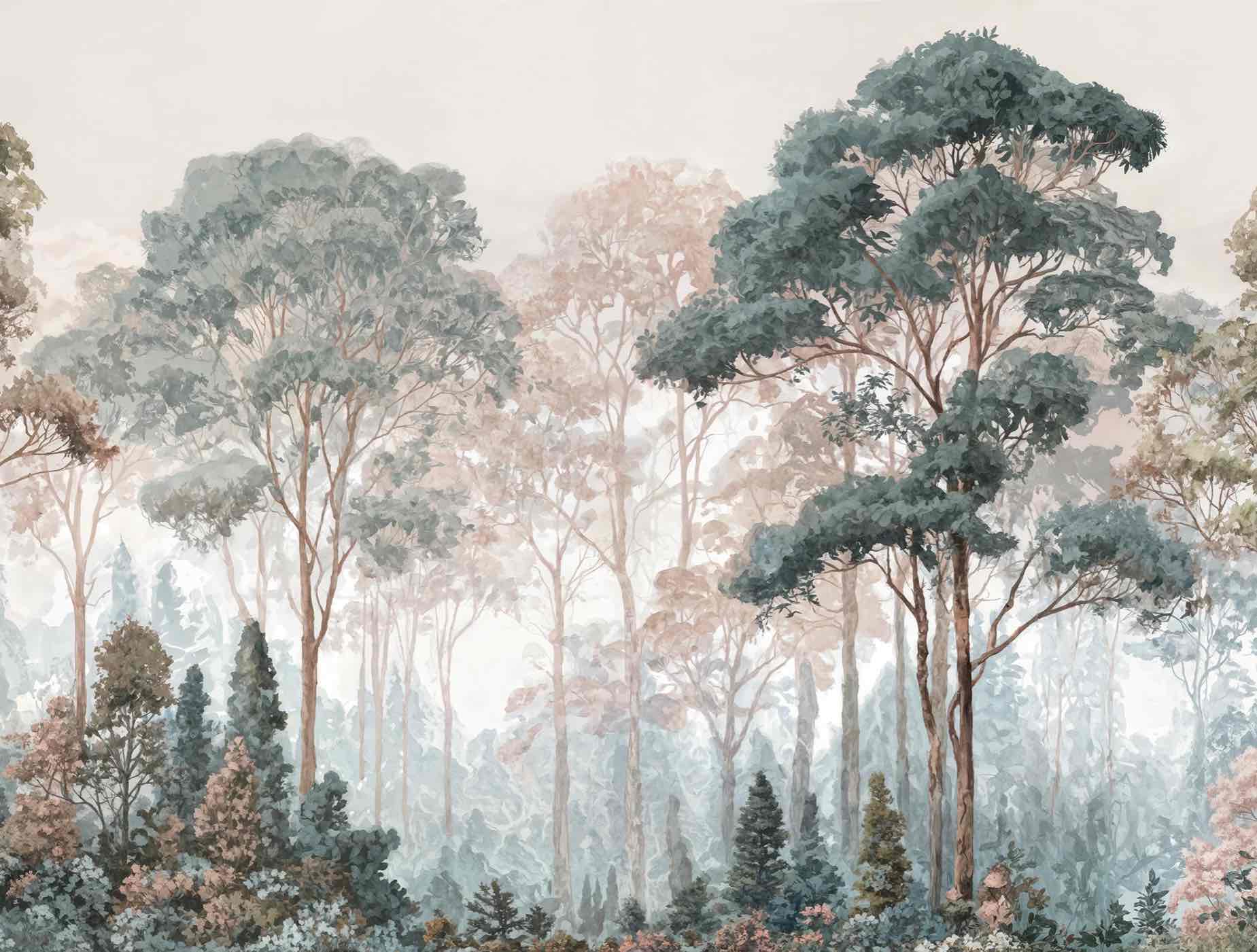 Brume pastel au lever du jour – Papier peint panoramique forêt - Illulart: Papier peint panoramique