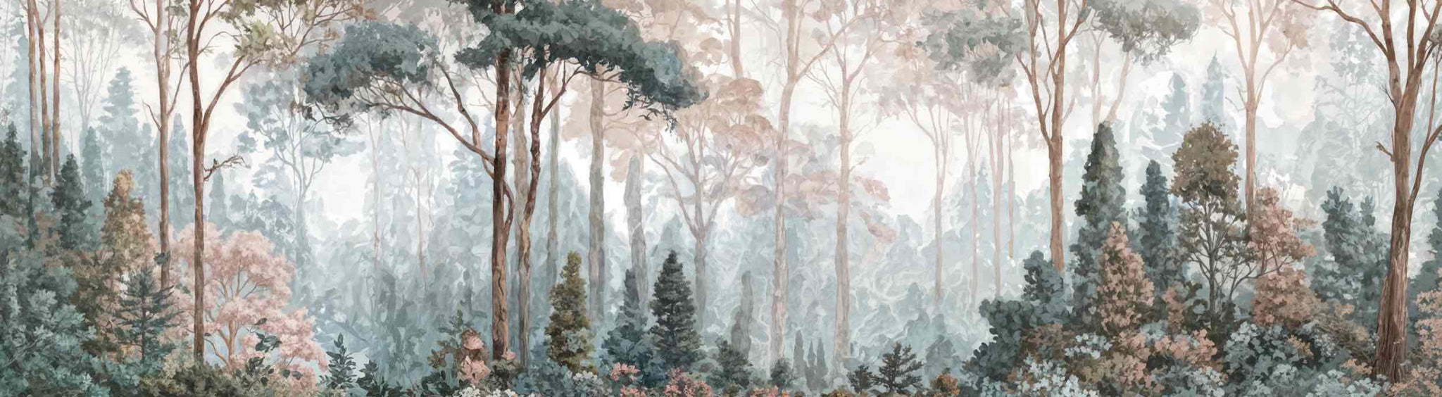Brume pastel au lever du jour – Papier peint panoramique forêt - Illulart: Papier peint panoramique