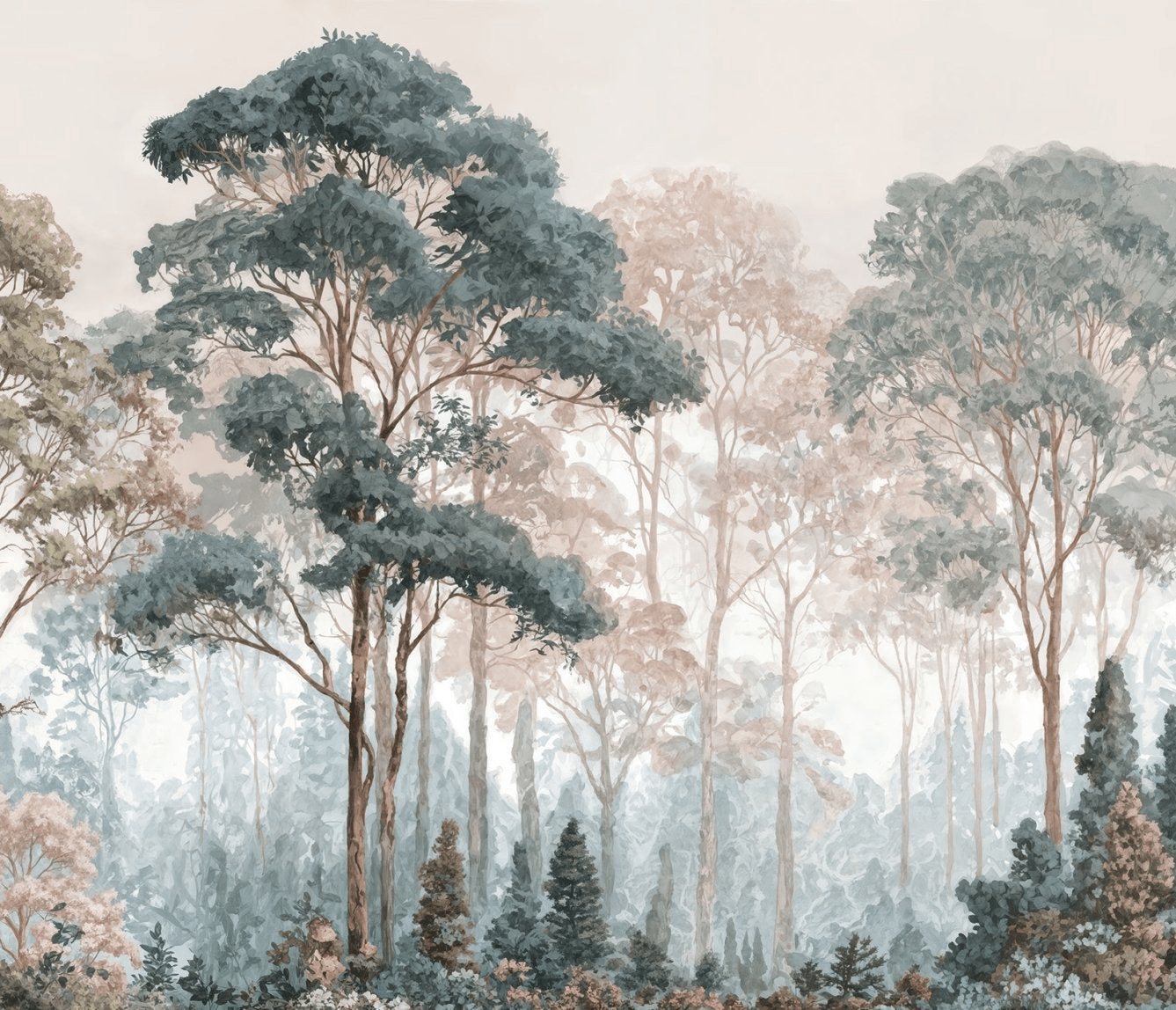 Brume pastel au lever du jour – Papier peint panoramique forêt