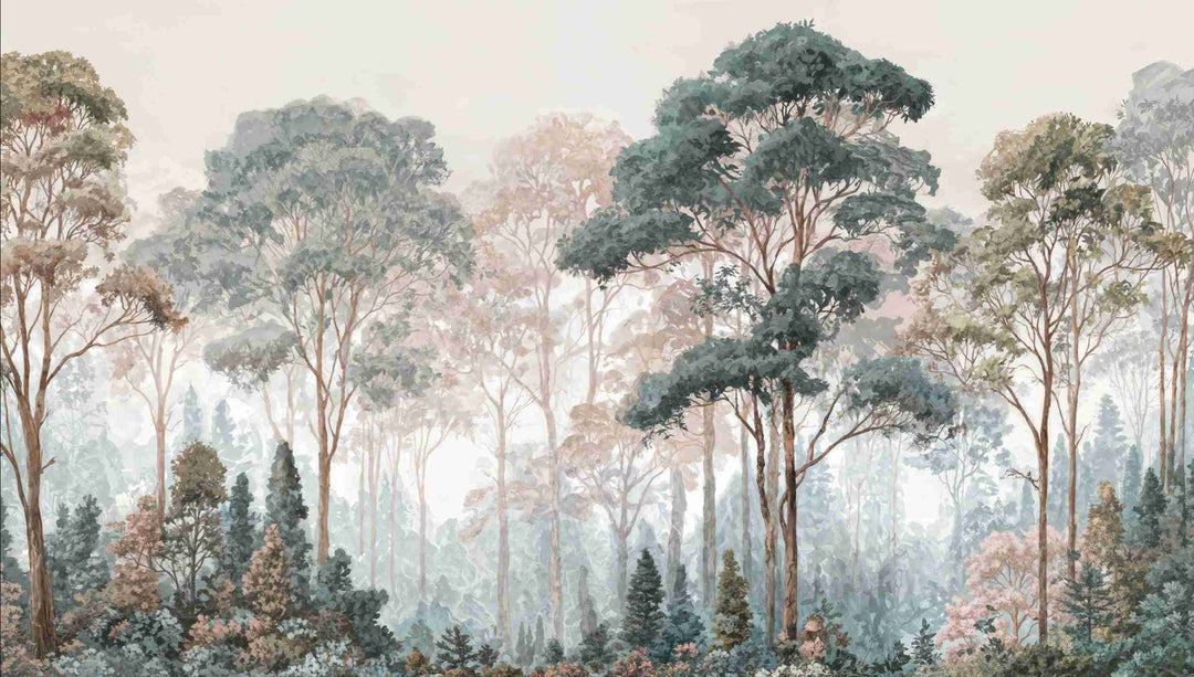 Brume pastel au lever du jour – Papier peint panoramique forêt - Illulart: Papier peint panoramique