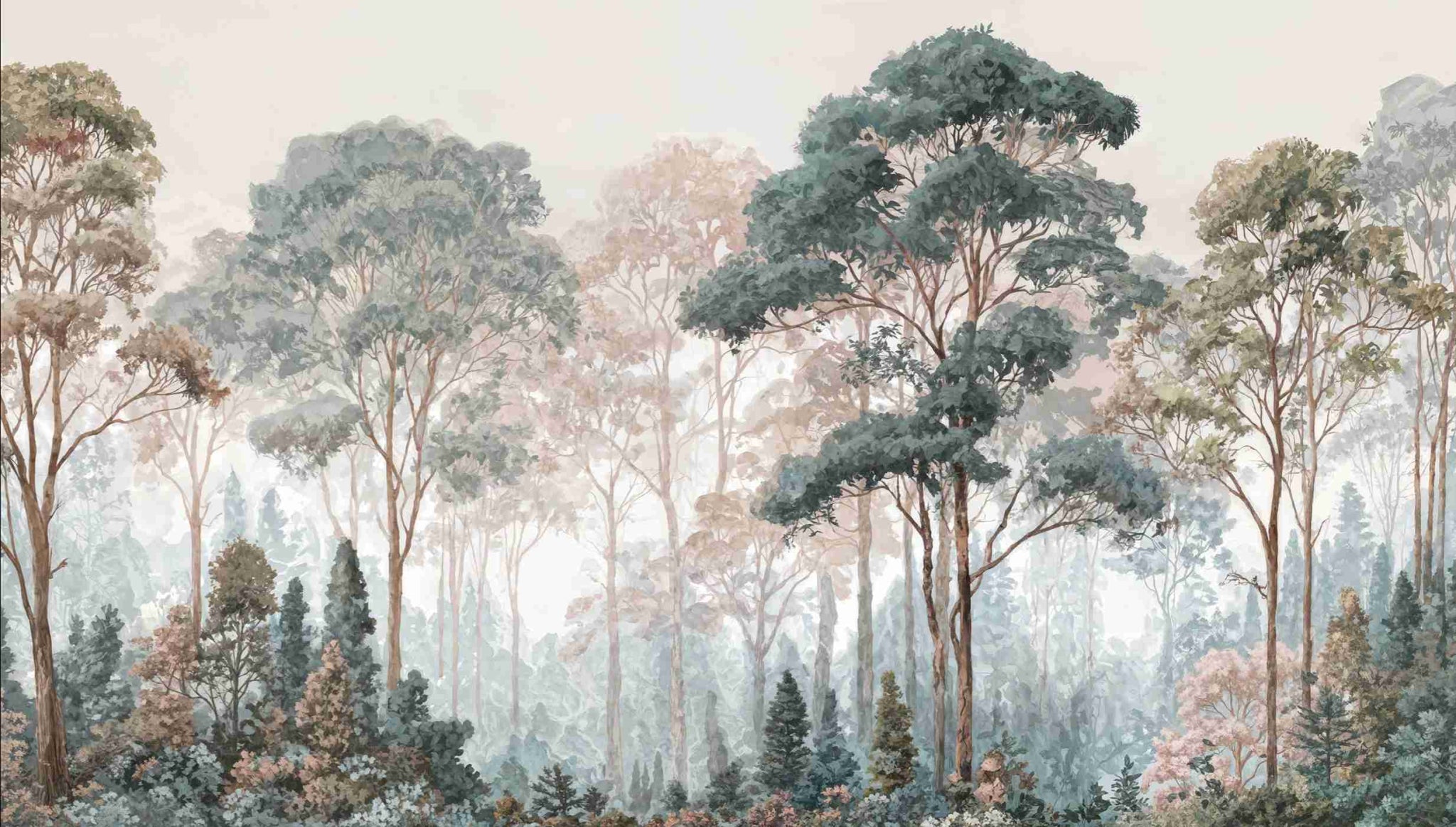 Brume pastel au lever du jour – Papier peint panoramique forêt - Illulart: Papier peint panoramique