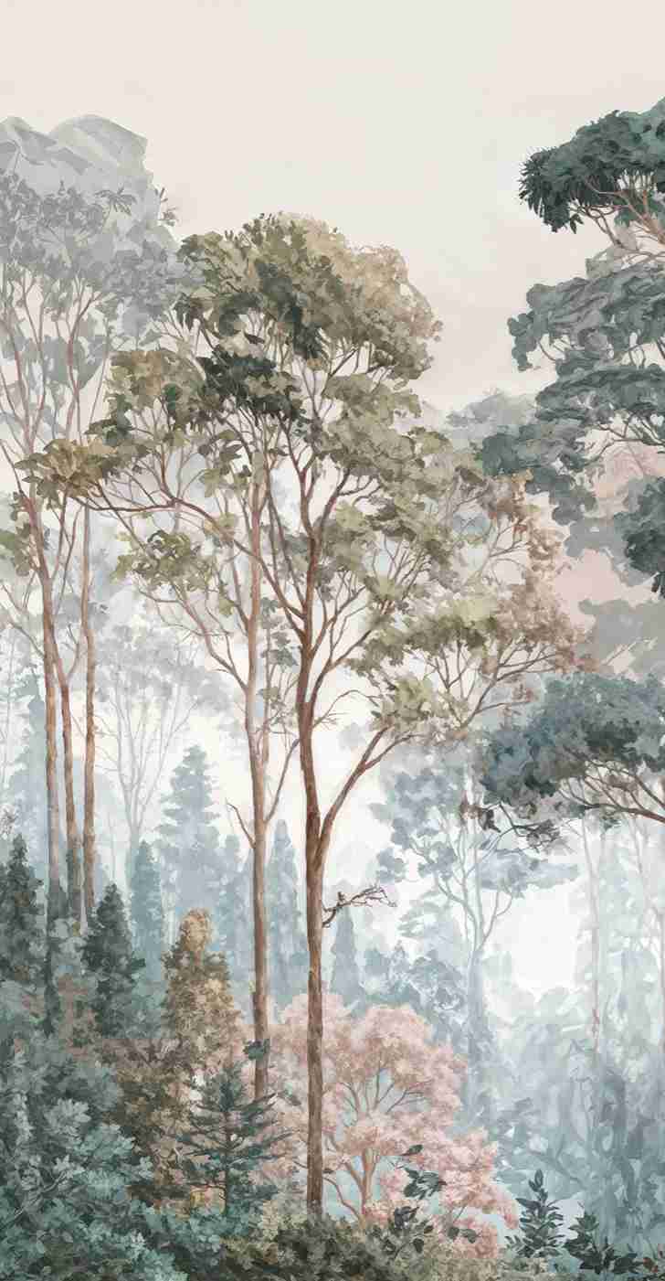 Brume pastel au lever du jour – Papier peint panoramique forêt - Illulart: Papier peint panoramique