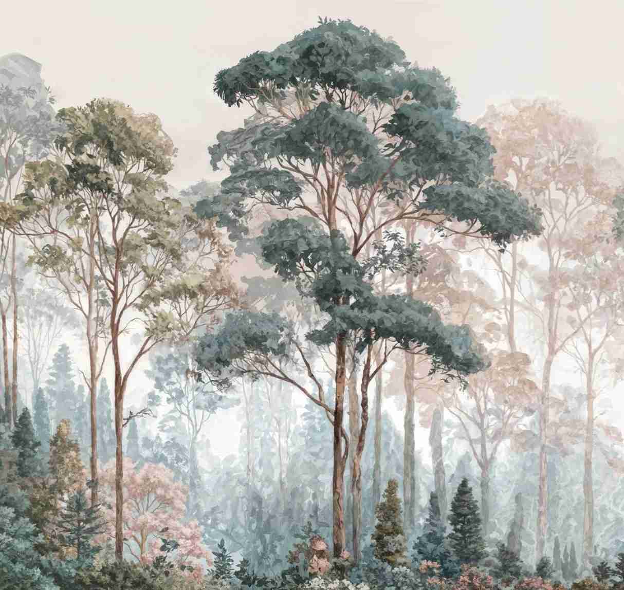 Brume pastel au lever du jour – Papier peint panoramique forêt - Illulart: Papier peint panoramique