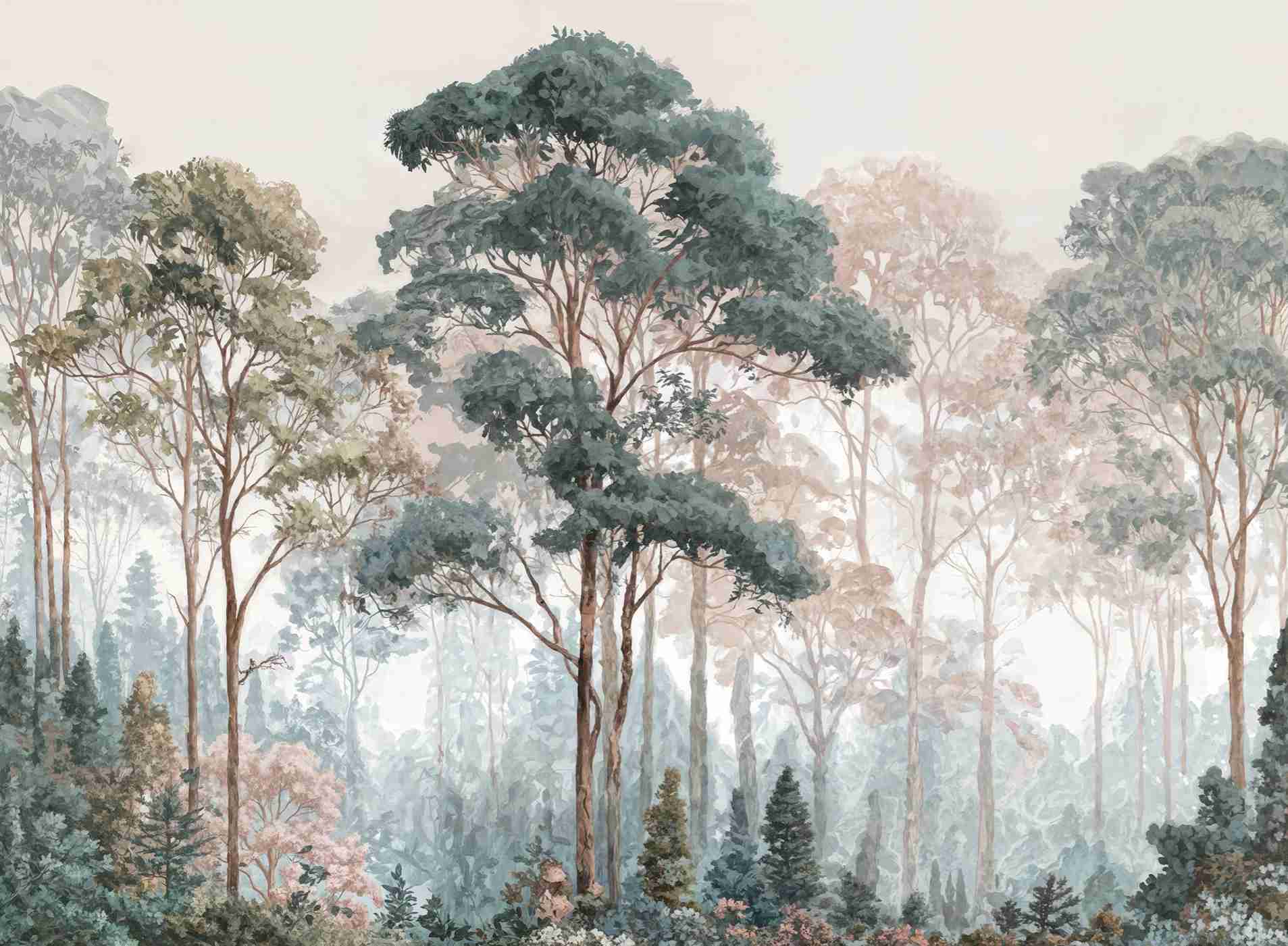 Brume pastel au lever du jour – Papier peint panoramique forêt - Illulart: Papier peint panoramique