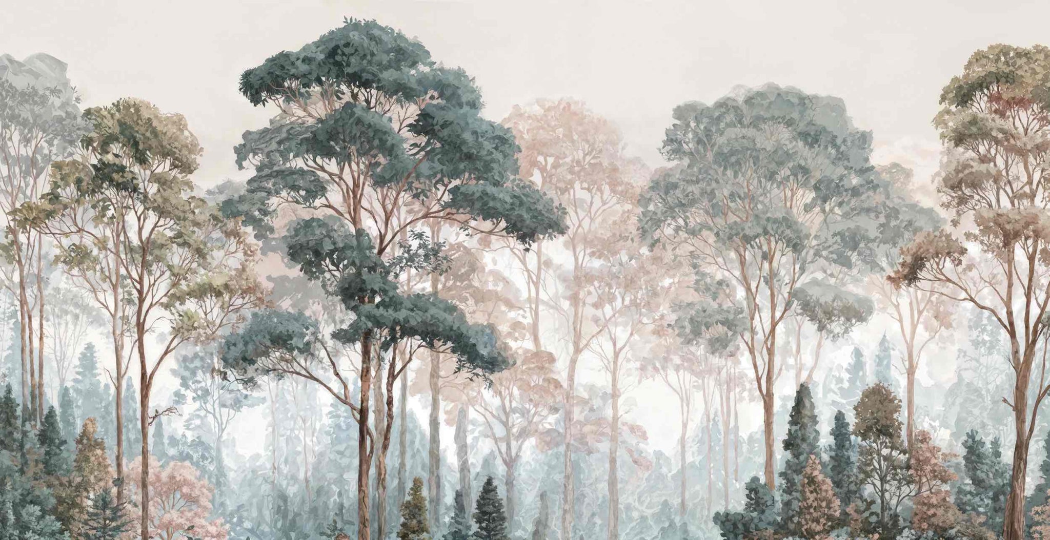 Brume pastel au lever du jour – Papier peint panoramique forêt - Illulart: Papier peint panoramique