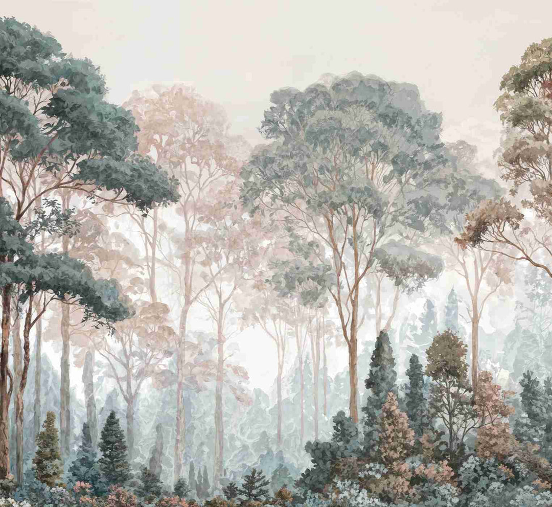 Brume pastel au lever du jour – Papier peint panoramique forêt - Illulart: Papier peint panoramique