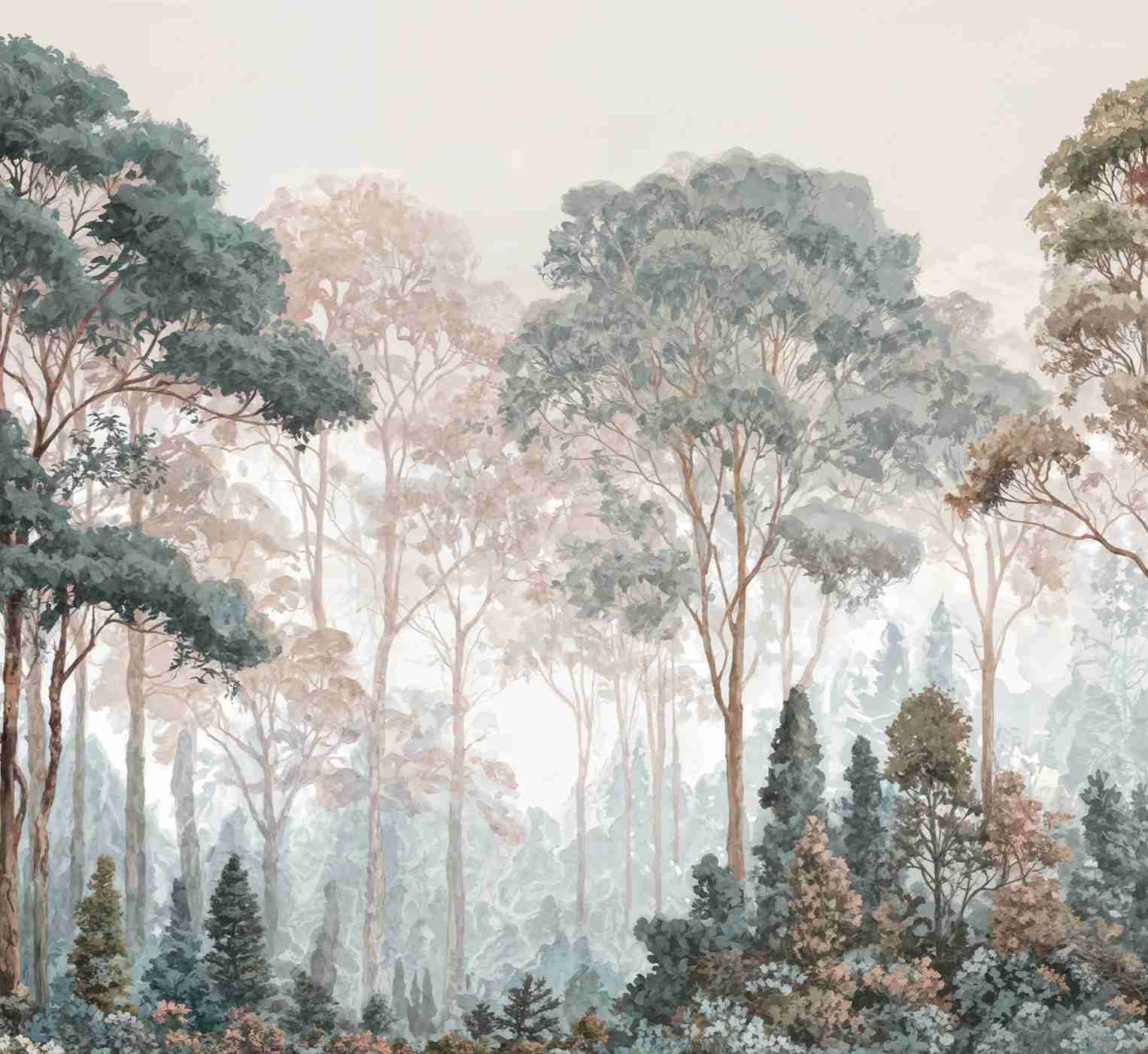 Brume pastel au lever du jour – Papier peint panoramique forêt - Illulart: Papier peint panoramique
