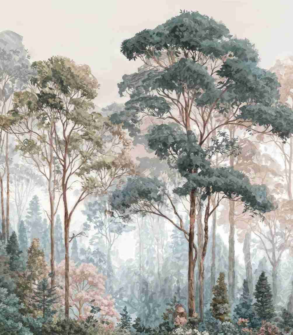 Brume pastel au lever du jour – Papier peint panoramique forêt - Illulart: Papier peint panoramique