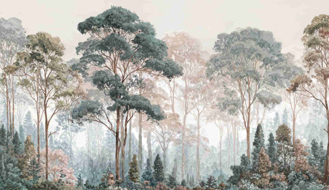 Brume pastel au lever du jour – Papier peint panoramique forêt - Illulart: Papier peint panoramique