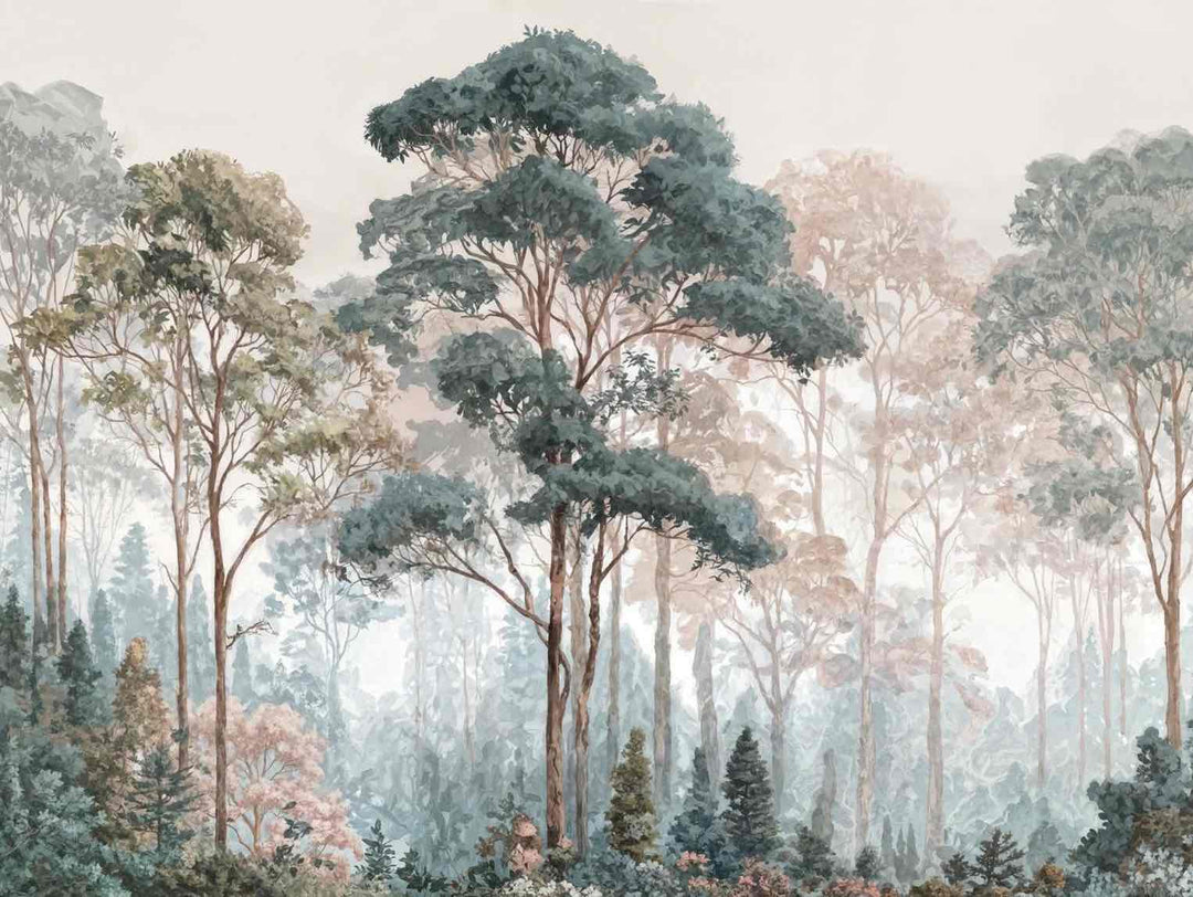 Brume pastel au lever du jour – Papier peint panoramique forêt - Illulart: Papier peint panoramique