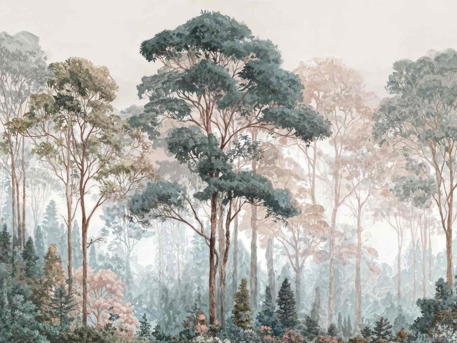 Brume pastel au lever du jour – Papier peint panoramique forêt - Illulart: Papier peint panoramique