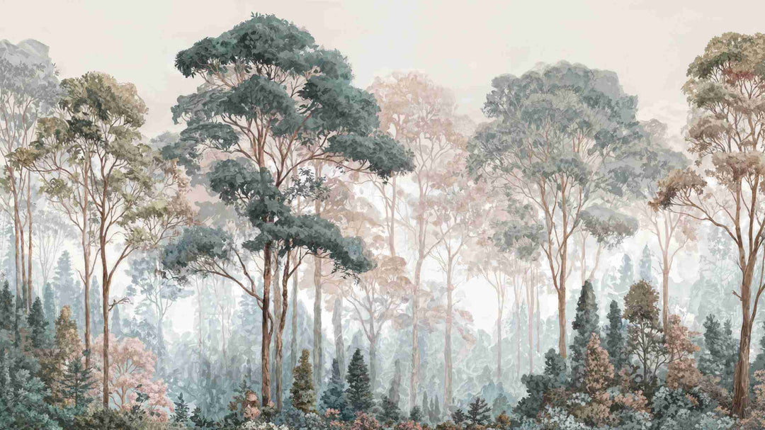 Brume pastel au lever du jour – Papier peint panoramique forêt - Illulart: Papier peint panoramique