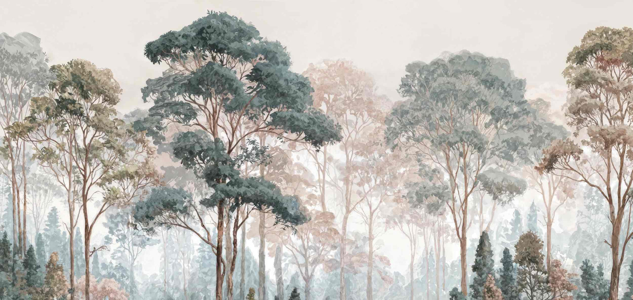 Brume pastel au lever du jour – Papier peint panoramique forêt - Illulart: Papier peint panoramique
