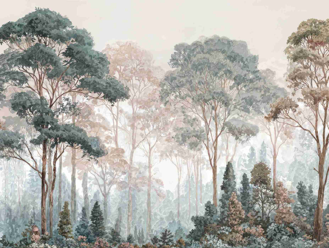 Brume pastel au lever du jour – Papier peint panoramique forêt - Illulart: Papier peint panoramique