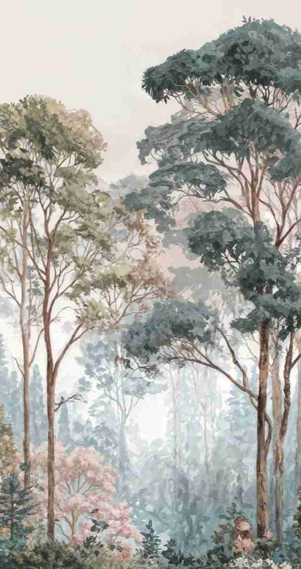Brume pastel au lever du jour – Papier peint panoramique forêt - Illulart: Papier peint panoramique