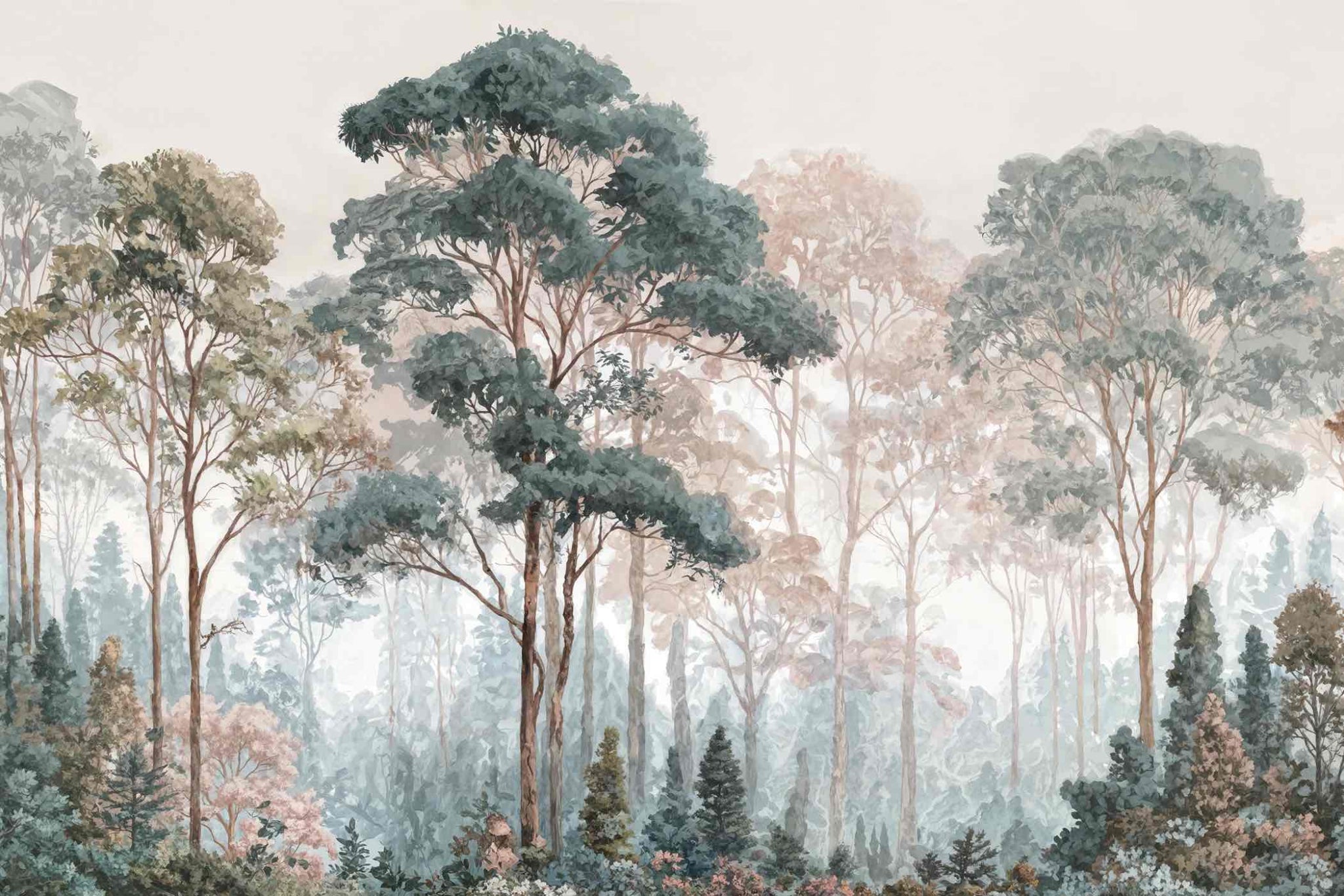 Brume pastel au lever du jour – Papier peint panoramique forêt - Illulart: Papier peint panoramique