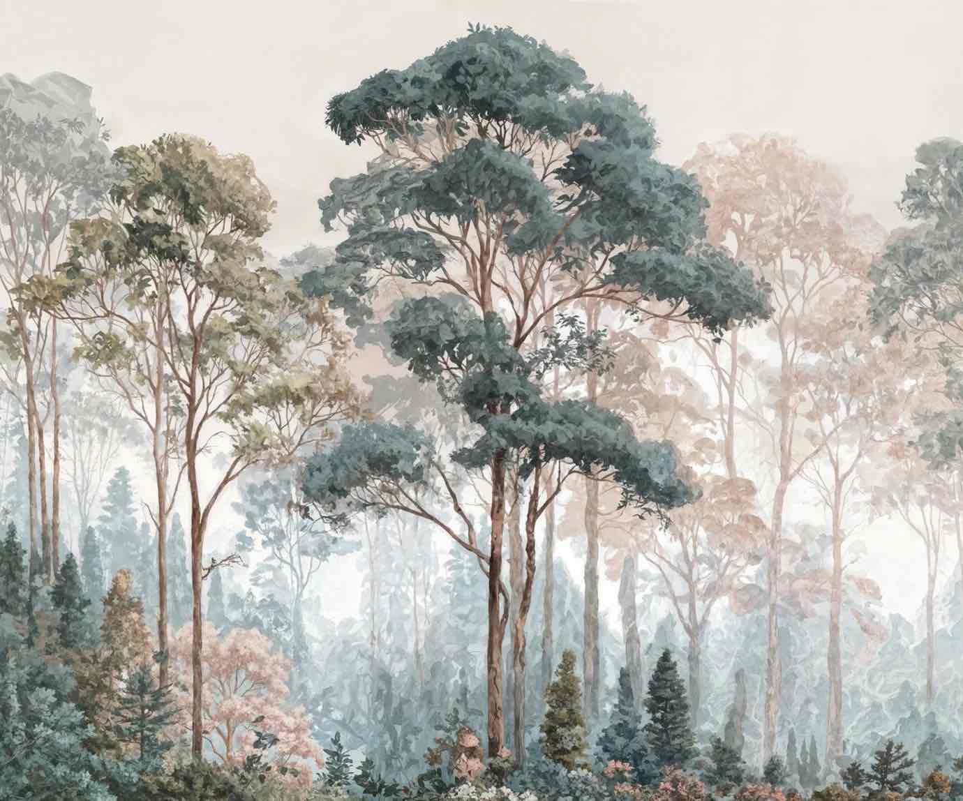 Brume pastel au lever du jour – Papier peint panoramique forêt - Illulart: Papier peint panoramique