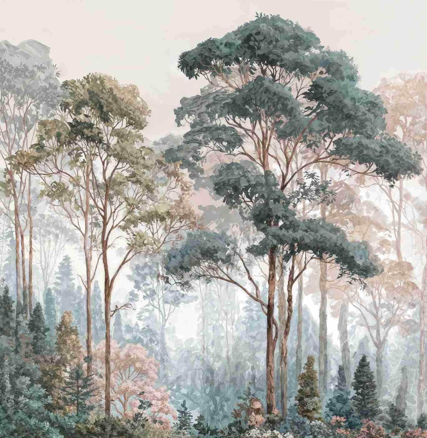 Brume pastel au lever du jour – Papier peint panoramique forêt - Illulart: Papier peint panoramique