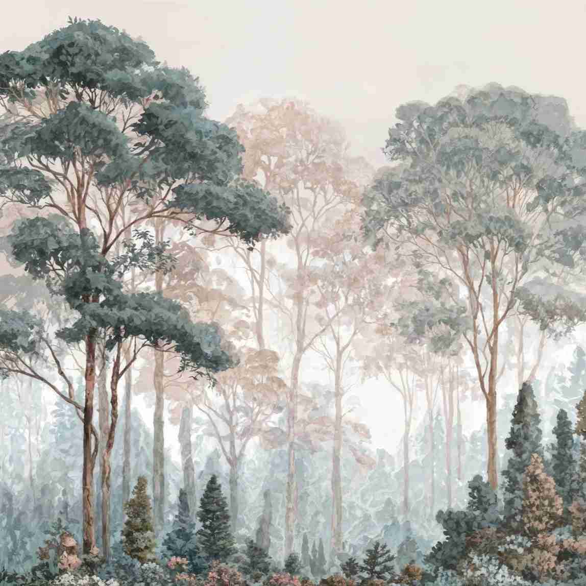 Brume pastel au lever du jour – Papier peint panoramique forêt - Illulart: Papier peint panoramique