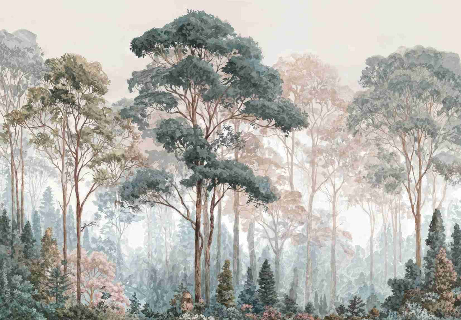 Brume pastel au lever du jour – Papier peint panoramique forêt - Illulart: Papier peint panoramique