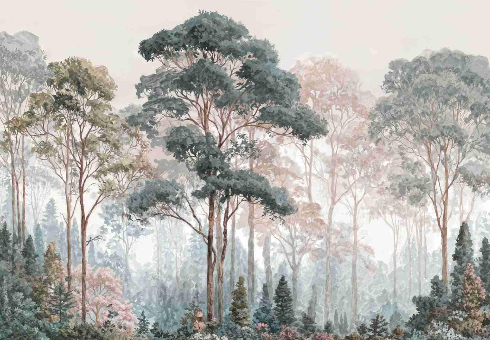 Brume pastel au lever du jour – Papier peint panoramique forêt