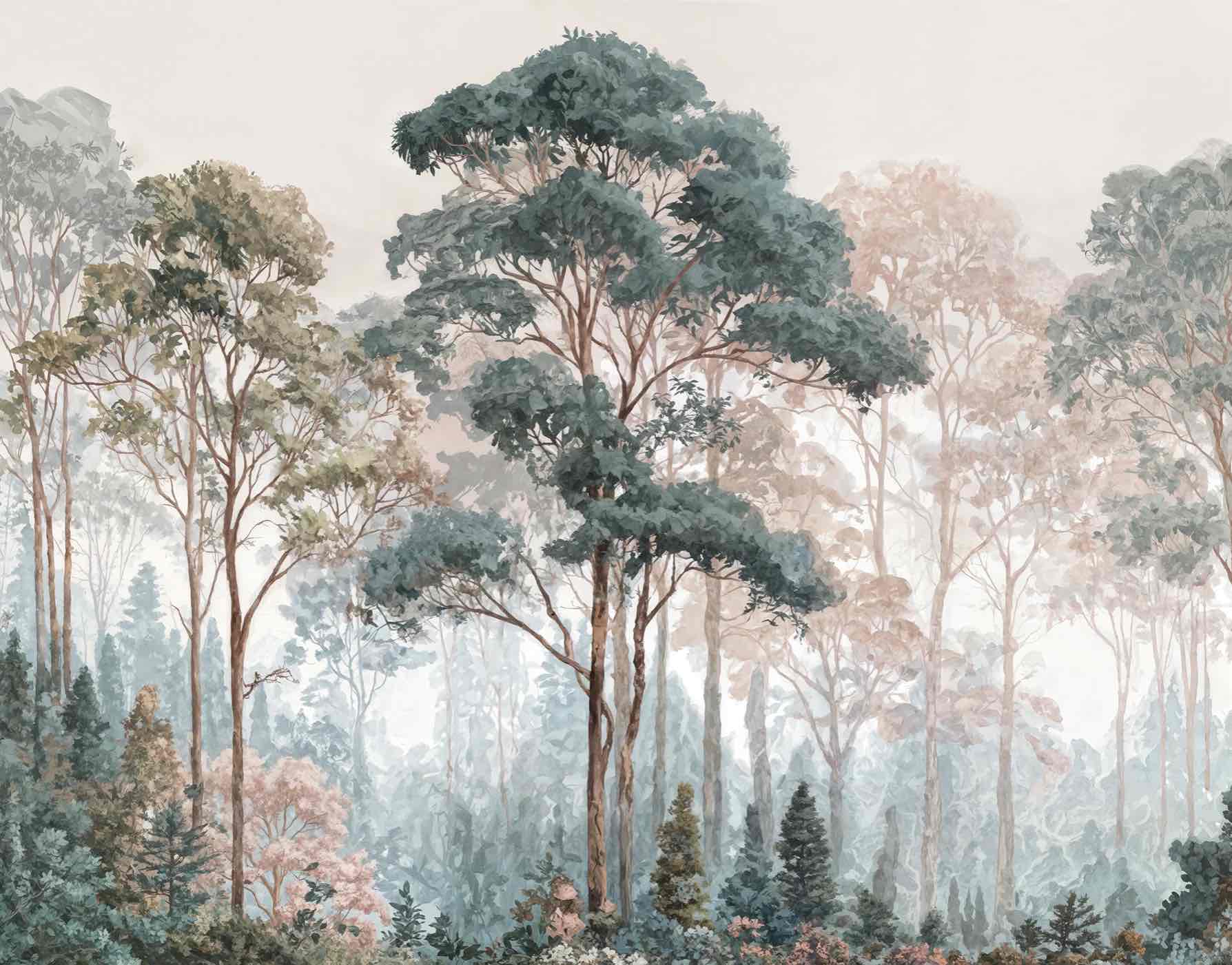 Brume pastel au lever du jour – Papier peint panoramique forêt - Illulart: Papier peint panoramique