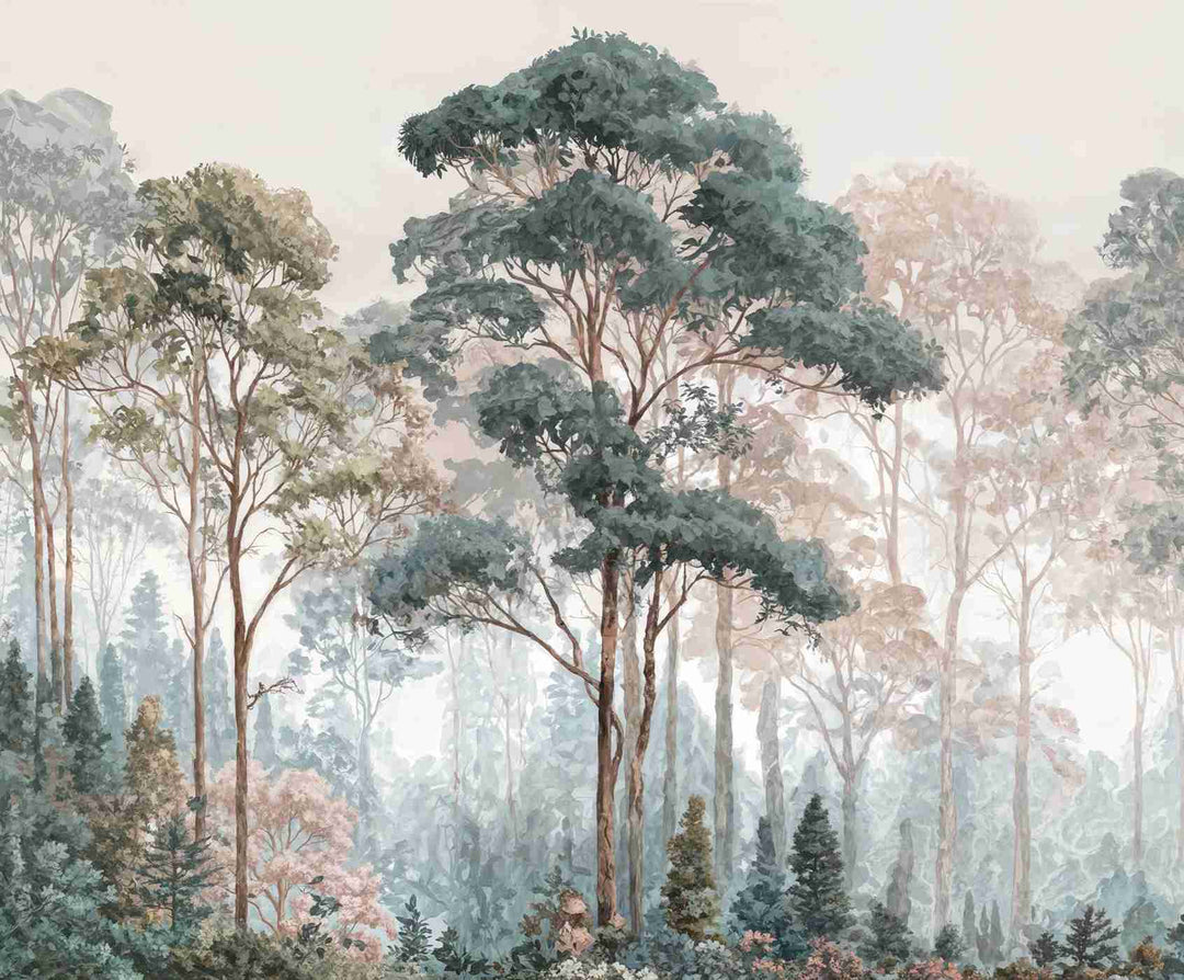 Brume pastel au lever du jour – Papier peint panoramique forêt - Illulart: Papier peint panoramique