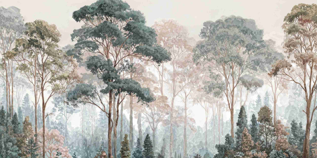 Brume pastel au lever du jour – Papier peint panoramique forêt - Illulart: Papier peint panoramique