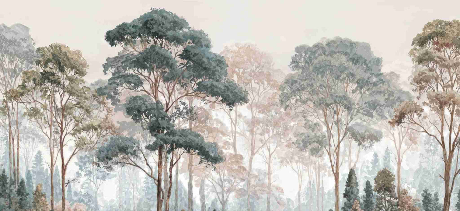 Brume pastel au lever du jour – Papier peint panoramique forêt - Illulart: Papier peint panoramique