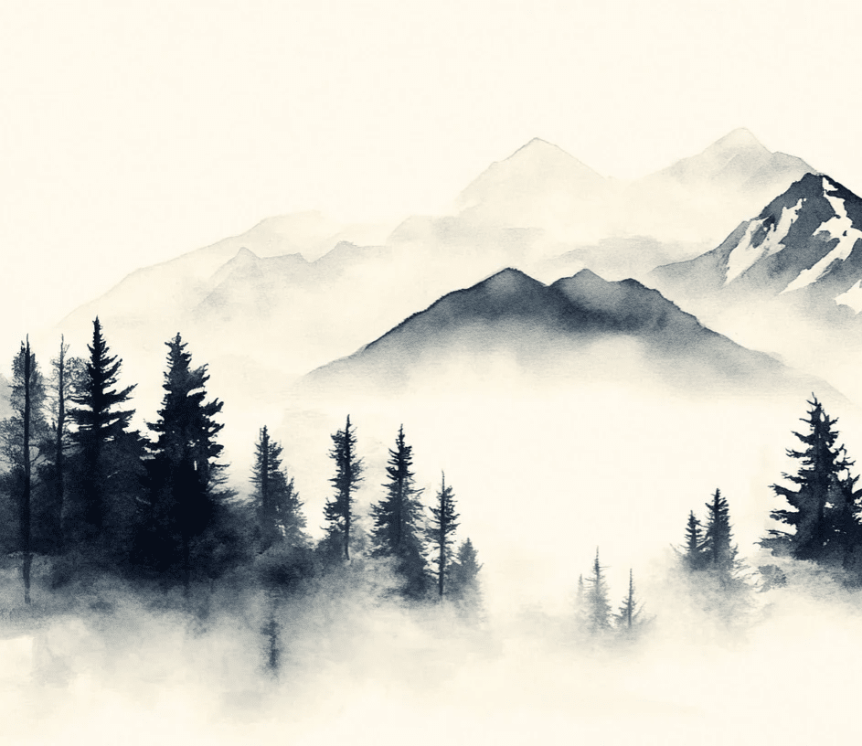 Brumes des sommets – papier peint panoramique Évasion montagne en aquarelle - Illulart: Papier peint panoramique