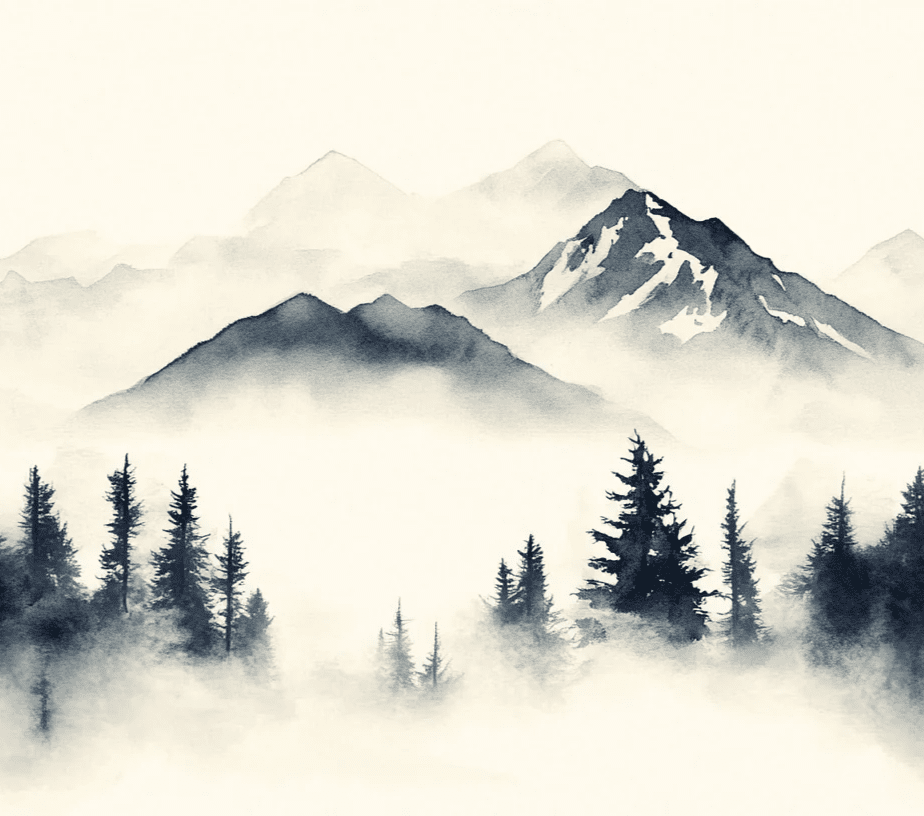 Brumes des sommets – papier peint panoramique Évasion montagne en aquarelle - Illulart: Papier peint panoramique