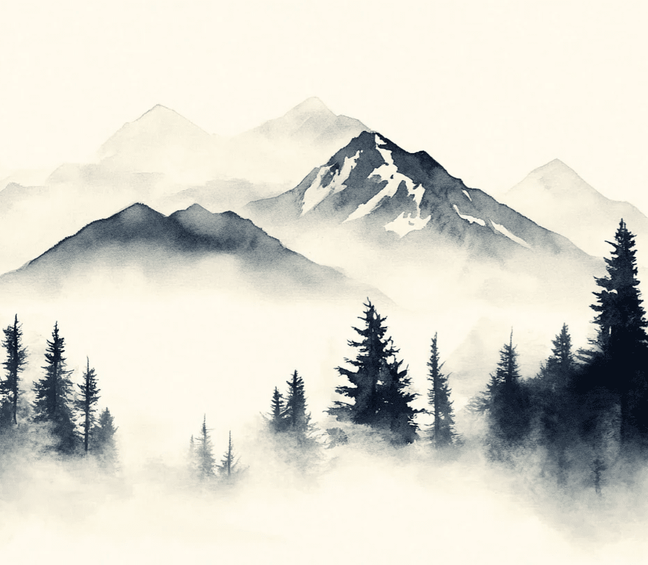 Brumes des sommets – papier peint panoramique Évasion montagne en aquarelle - Illulart: Papier peint panoramique