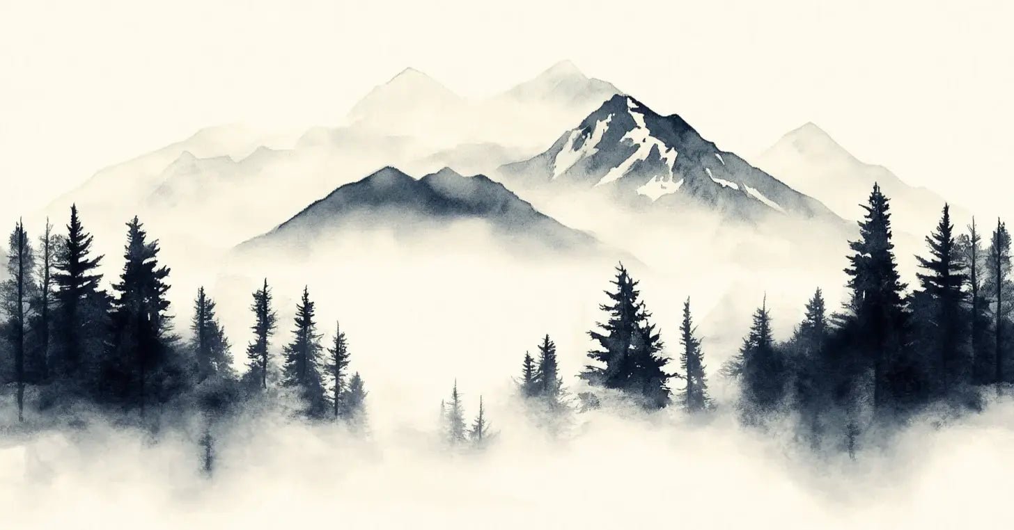Brumes des sommets – papier peint panoramique Évasion montagne en aquarelle - Illulart: Papier peint panoramique