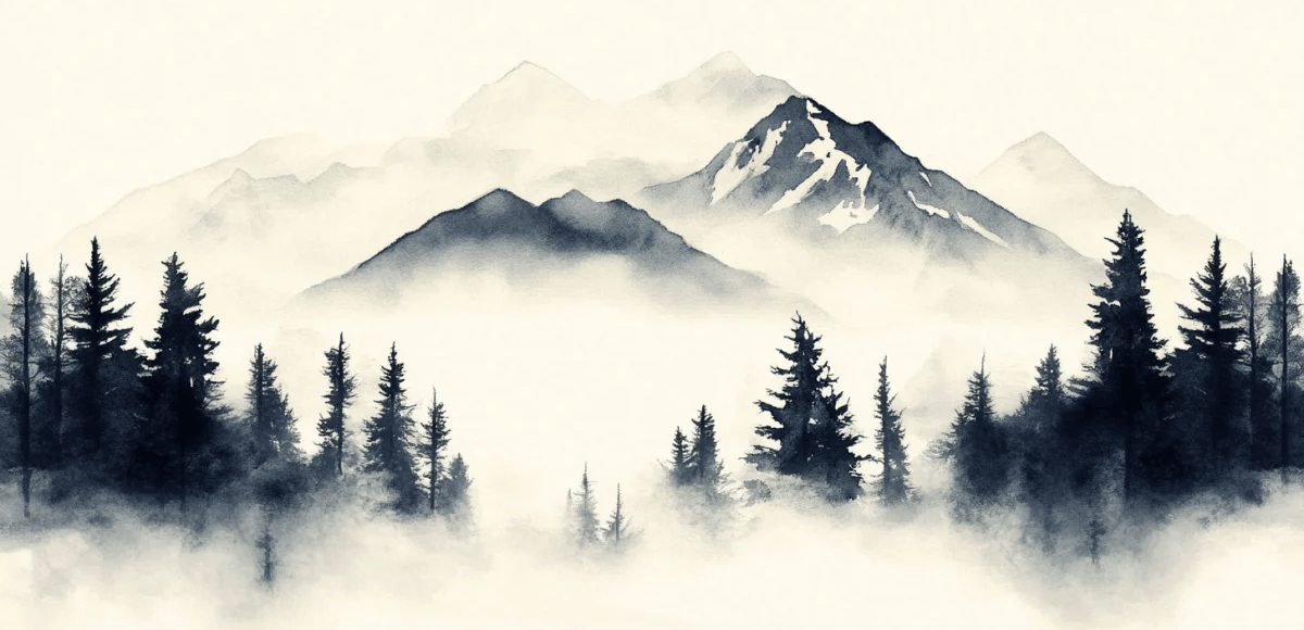 Brumes des sommets – papier peint panoramique Évasion montagne en aquarelle - Illulart: Papier peint panoramique