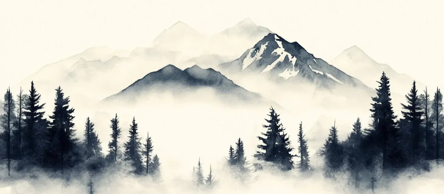 Brumes des sommets – papier peint panoramique Évasion montagne en aquarelle - Illulart: Papier peint panoramique