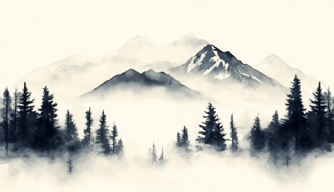 Brumes des sommets – papier peint panoramique Évasion montagne en aquarelle - Illulart: Papier peint panoramique