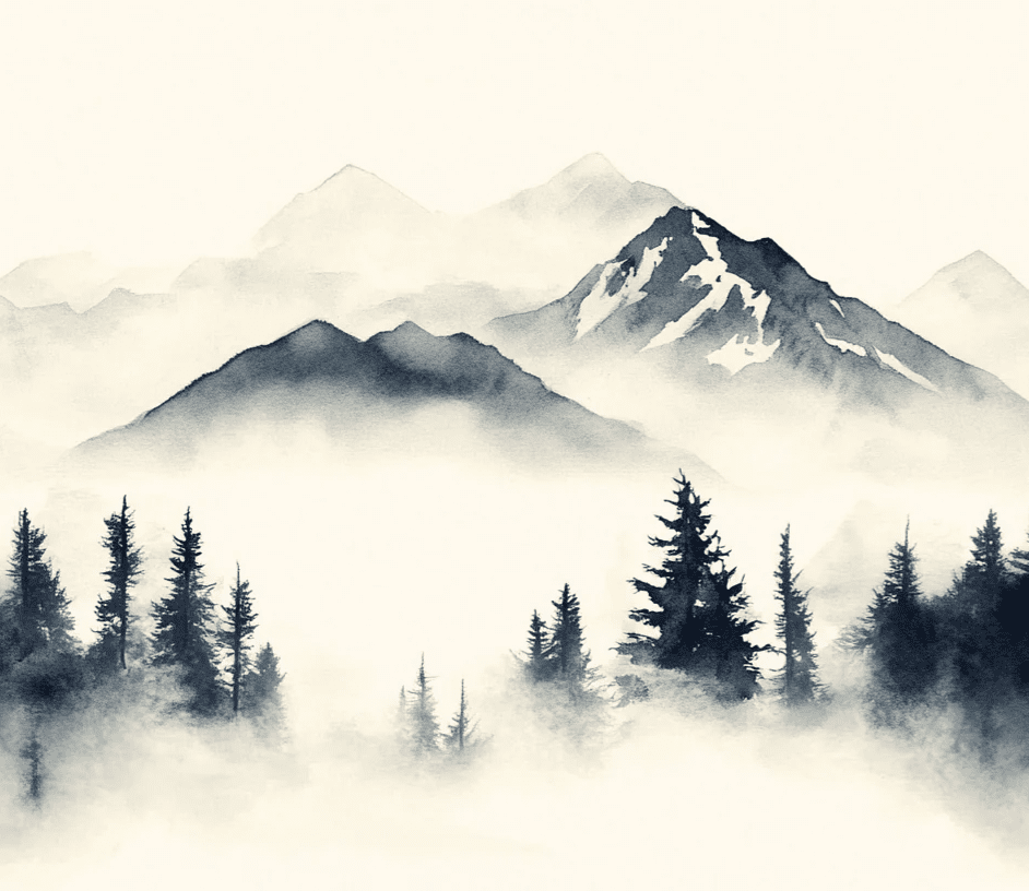 Brumes des sommets – papier peint panoramique Évasion montagne en aquarelle - Illulart: Papier peint panoramique