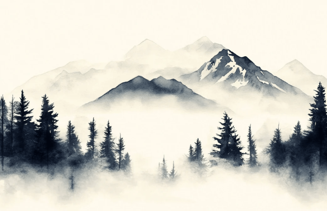 Brumes des sommets – papier peint panoramique Évasion montagne en aquarelle - Illulart: Papier peint panoramique