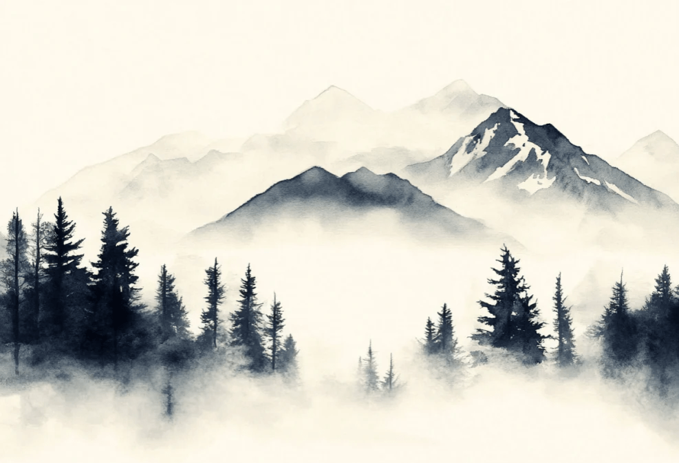 Brumes des sommets – papier peint panoramique Évasion montagne en aquarelle - Illulart: Papier peint panoramique