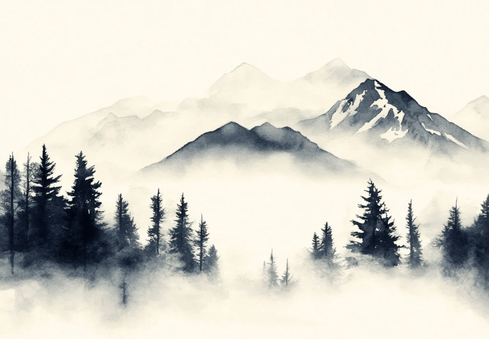 Brumes des sommets – papier peint panoramique Évasion montagne en aquarelle - Illulart: Papier peint panoramique