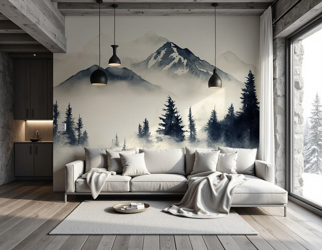 Brumes des sommets – papier peint panoramique Évasion montagne en aquarelle - Illulart: Papier peint panoramique