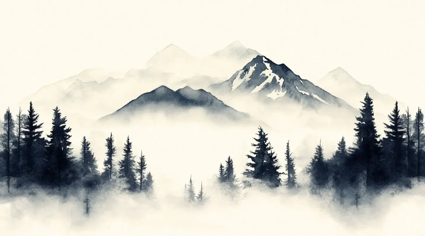 Brumes des sommets – papier peint panoramique Évasion montagne en aquarelle - Illulart: Papier peint panoramique