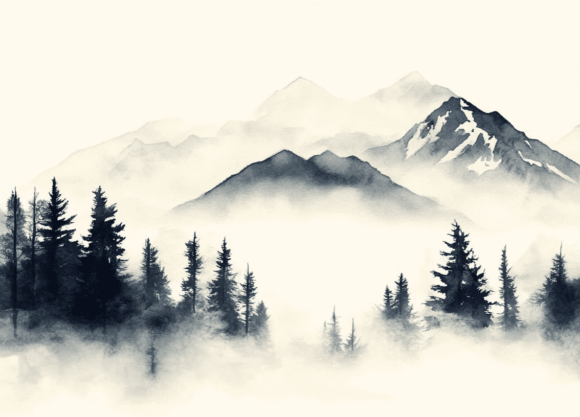 Brumes des sommets – papier peint panoramique Évasion montagne en aquarelle - Illulart: Papier peint panoramique