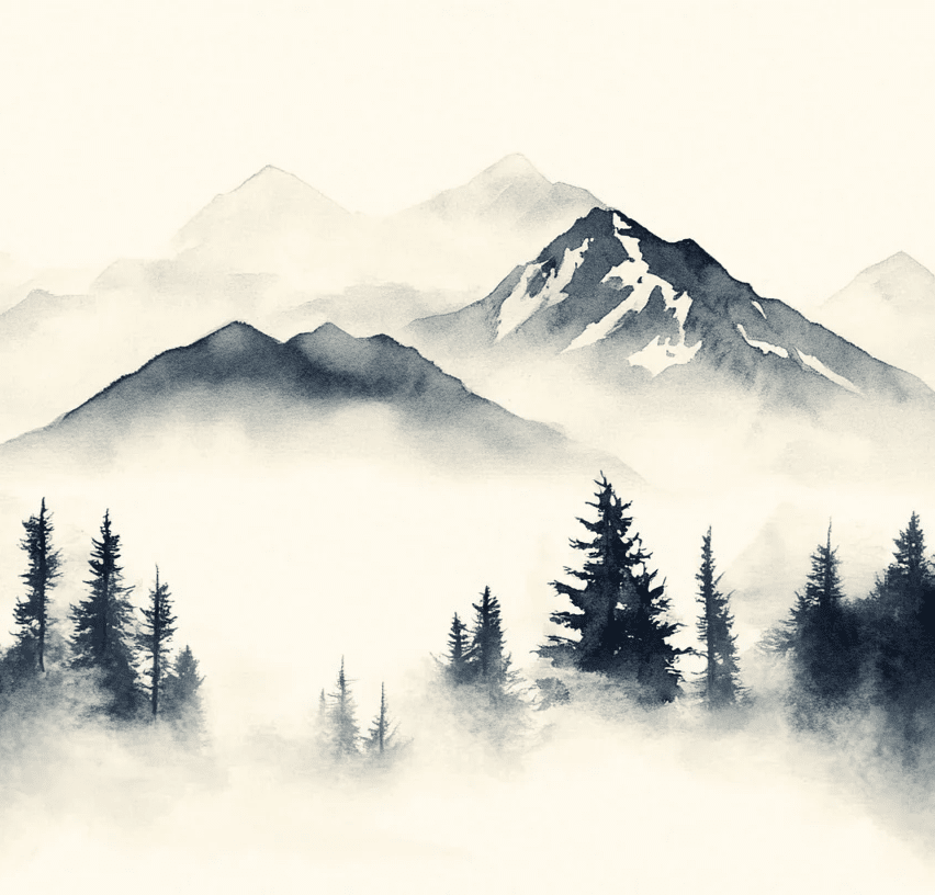 Brumes des sommets – papier peint panoramique Évasion montagne en aquarelle - Illulart: Papier peint panoramique